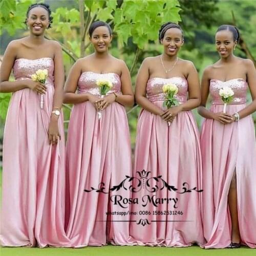 Pink Sequined Plus Size African Bridesmaids Dresses 2020 A Line Coutry Beach Cheap Long Wedding Guest Gowns Vestido De Fiesta