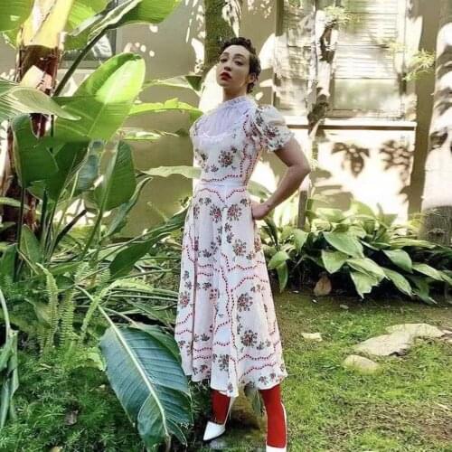 IVY HE Summer New Fashion Floral Printing Midi Long Casual Dress Ruched Short Sleeve Boho Lady Dress Vestidos Vacation Chic