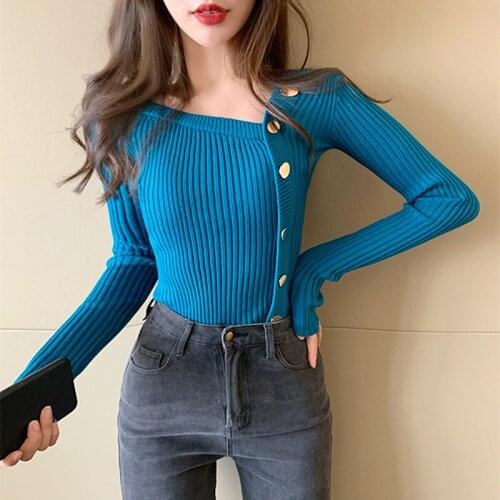 Chic Irregular Skew Collar Long Sleeve Knitt Pullovers Button Decoration Slim Solid Strech Plus Size Sweaters Fall 2021 New Tops