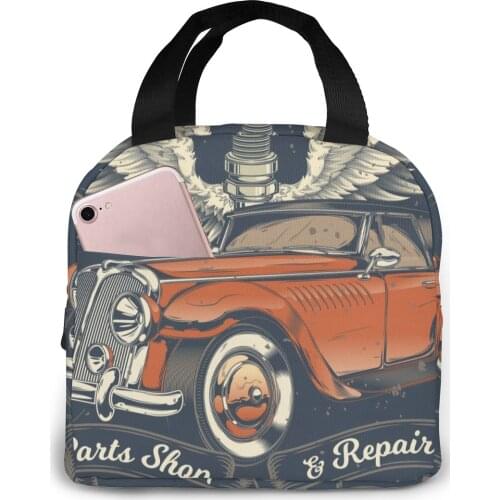 Vintage Poster With Red Retro Car Cooler Lunch Box Portable Insulated Lunch Bag Thermal Food Picnic Lunch Bags
