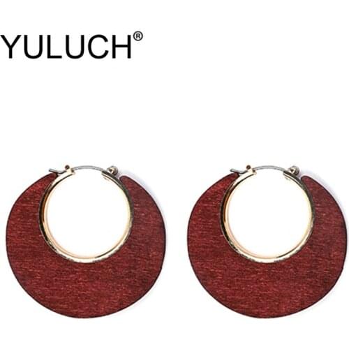 YULUCH Trendy Hollow Round Wood Stud Earrings Fashion Jewelry Red Black Big Wood Statement Earrings For Women Lady Wedding Party