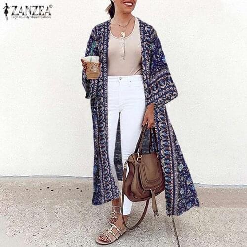 Womens Printed Blouses ZANZEA 2021 Bohemian Summer Maxi Kimono Casual Long Sleeve Cover Up Female Floral Tunic Cardigan Tops