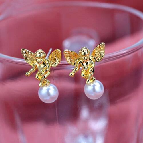 Flatfoosie Fashion Cute Angel Stud Earrings For Women Gold Silver Color Imitation Pearls Earring Punk Jewelry Friendship Gifts