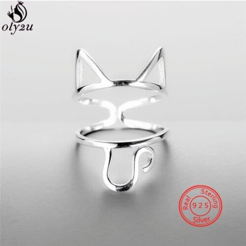100% 925 Silver Cat Ring Cartoon Animal Long Tail Cats Finger Rings for Women Party Birthday Jewelry S925 Valentines Day Gifts
