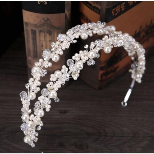 97QE Bride Headband Tiara Bridal Crown Handmade Pearl Double Layer Wedding Headpieces