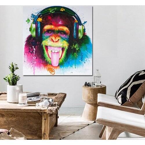 Abstract Color Graffiti Animal Canvas Painting Creative Cool Gorilla Wearing Headphones Poster Living Room Art Decor Aesthetics