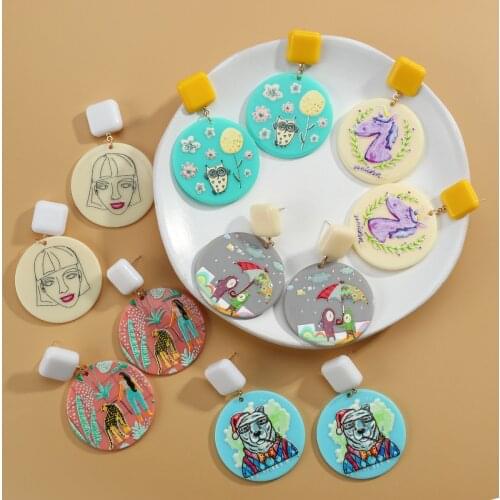 AENSOA Unique Acrylic Drop Earrings Classic Round Dangle Earrings Cute Pattern Printed Pendant Earrings 2021 Trendy Jewelry Gift