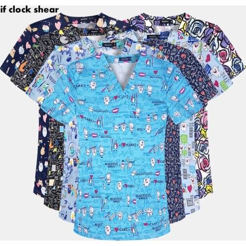 Pet Hospital Scrub Workwear 100%Cotton Medical Nurse Uniform Short Sleeved Tooth Printing Dental Clinic Doctor Uniform Wholesale