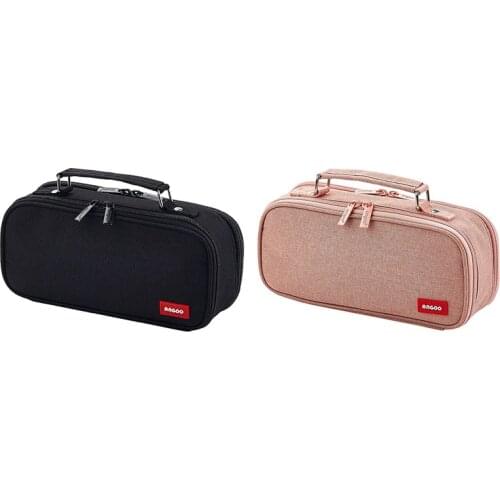 ANGOO 2 Pcs Pencil Case Canvas Double Layer Large Capacity Kawaii School Supplies Makeup Bag Pen Box(Black & Pink)