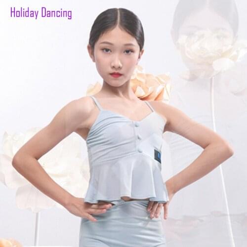 2021 New G1195 Sleeveless Kids Latin Dance Tops Lotus Design T Shirt Girl Latin Dancing Clothes Belly Ballroom Tango Dresses