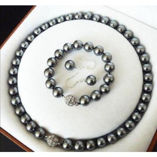 Women Gift Word Love Free Shipping 10MM Dark Gray South Sea Shell Pearl Necklace Bracelet Earring SET 18 Inch Genuine Lucky Lady