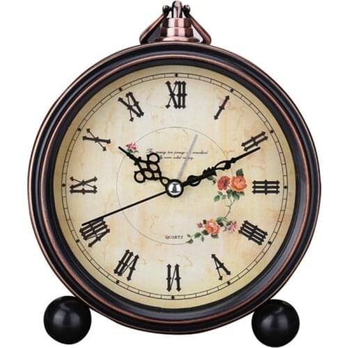 European Retro Silent Alarm Clock with Metal Shell HD Glass Copper Pointer Hangable Wall Clock Roman Digital Display Alarm Clock