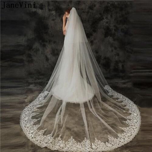 JaneVini 3 Meters Lace Applique Long Wedding Veils with Comb Bride Soft Tulle Bridal Veil Two Layers White Ivory Vail Grzebień