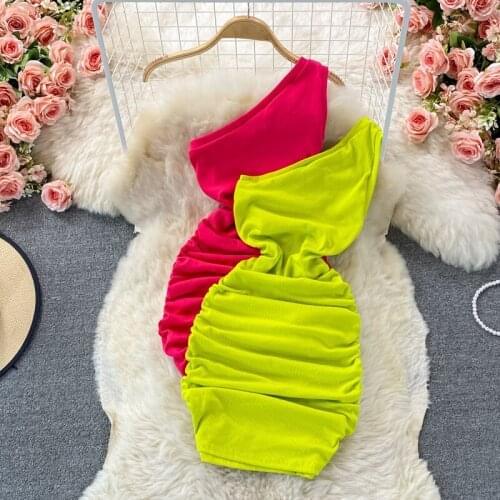 One Shoulder Bodycon Mini Dress Women Fashion Streetwear Solid Color Sleeveless Skinny Folds Casual Party Dress Club Outfits