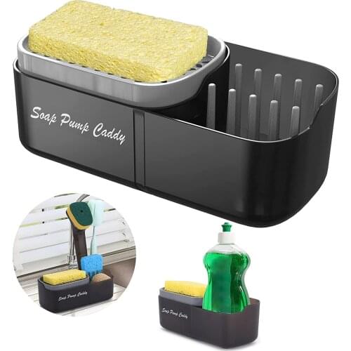 Dish Soap Dispenser for Kitchen 3-in-1 Sponge Soap Dispenser Sink Countertop Soap Pump Cleaning Tools Storage Box 12.5 Ounce