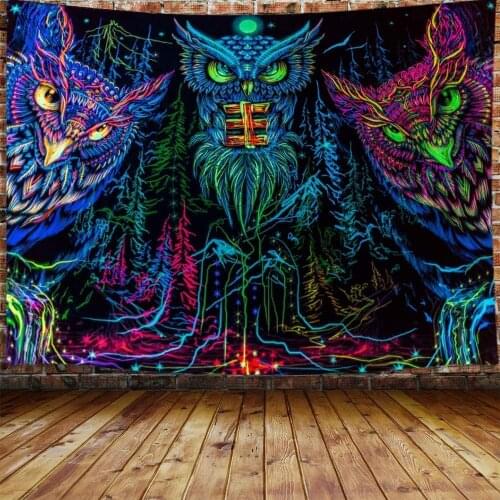 Psychedelic Owl Tapestry Trippy Forest Line Art Tapestry Wall Hanging For Bedroom Moon Animal Bird Tapestry Home Decor