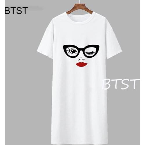 Sexy Girl in glasses print Mini Cute Women T Shirt Dresses Short Sleeve White Mini Casual Fashion Loose Summer Dress Plus Size