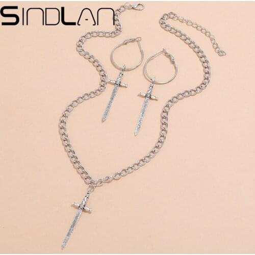 Sindlan Simple Silver-Color Sword Drop Earrings for Women Funny Cute Weapons Pendant Necklace Cool Gift EDGY Female Jewelry Set