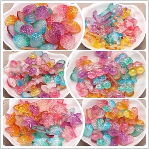 20pcs New Resin Glitter Gradient Heart/Star/Bow/Crown/Cherry/Seashell Cabochons Decoration Charm DIY Hair Clips Deco