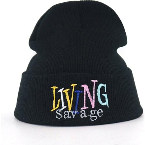 Letter embroidery living savage beanie hat cotton flexible soft knitted beanies for Autumn Winter warm cap hip hop