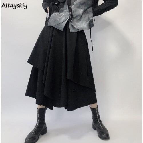 Skirts Women Harajuku Streetwear Cool Design Empire Asymmetrical Mid-calf Unisex Girls Casual Japanese Style Solid Color Elastic