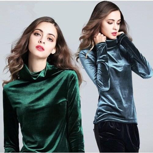 Fall Winter Casual Women Turtleneck Wine Red Grey Green Long Sleeve Velour Elegant Tee Shirt , Woman 3xl Slim Velvet Tees Shirts