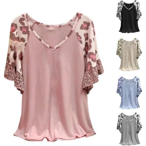 Summer Women T-shirt Solid Color Ruffle Blouse Shirt Ruffle Leopard Short Sleeve V Neck Blouse Top Streetwear for Work T-Shirt