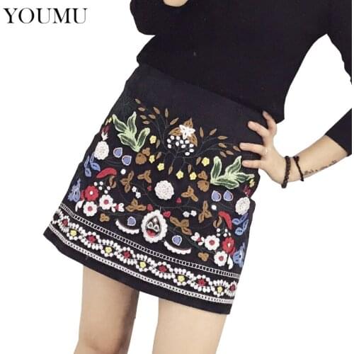Women Corduroy Skinny A-Line Skirts Black Green Floral Print Embroidery High Waist Bodycon Mini Skirts Vintage Fashion 200-905