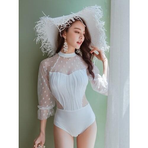 Korean Swimsuit For Girls Fused Surfing Plavky Ladies One Piece Swimwear Rashguard Female Push Up Sexy Lace Stitching Long