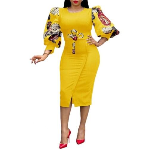 Formal Women Dress Slim Elegant Floral Print High Waist Sexy 3/4 Lantern Sleeve O Neck Split Bodycon Dress Banquet