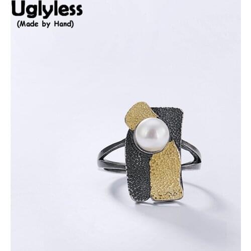 Uglyless 100% Real 925 Sterling Silver Square Finger Rings for Women Anti-allergic Black Gold Open Ring Natural Pearl Fine Jewel