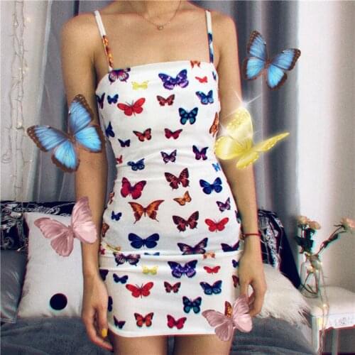 Off White Butterfly Print Summer Dress Women Sexy Clothes Bodycon Dresses Harajuku Sleeveless Spaghetti Strap Slash Neck Vestido