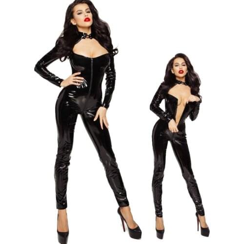 New Plus Size Women Sexy Lingerie Faux Leather Night Club Jumpsuit Bodysuit Latex PVC Catsuit Zipper Open Crotch Erotic Wear