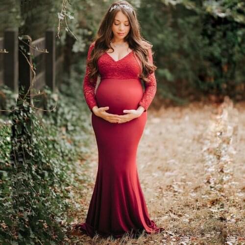 2021Long Sleeve Mermaid Pregnant Dress New Maternity Photography Props for Shooting Photo Pregnancy Clothes Lace Turtleneck Gown