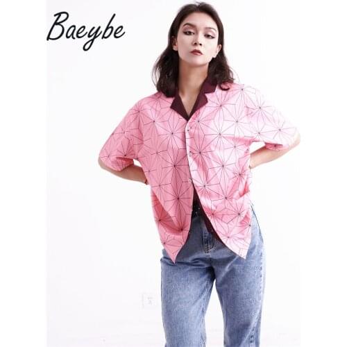 Hot sale blouses geometirc hawaiian pink shirt printed turn-down collar short sleeve shirts for tops women fashion