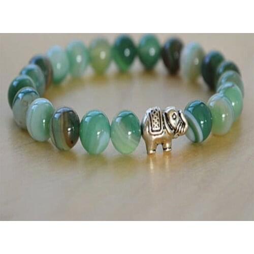8mm Green Stripe Agate Gemstone Mala Bracelet Golden elephant Bless Yoga Gemstone Mala Handmade Meditation Energy Pray Men Wrist
