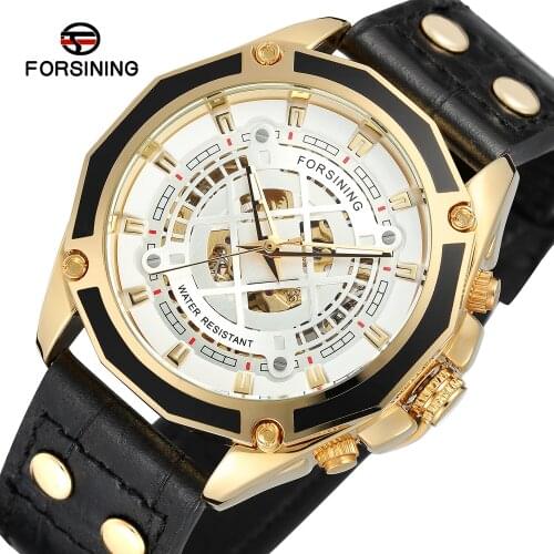Forsining Luxury Skeleton Dial Automatic Mechanical Male Wristwatches Casual Waterproof Leather Strap Business Men Watches