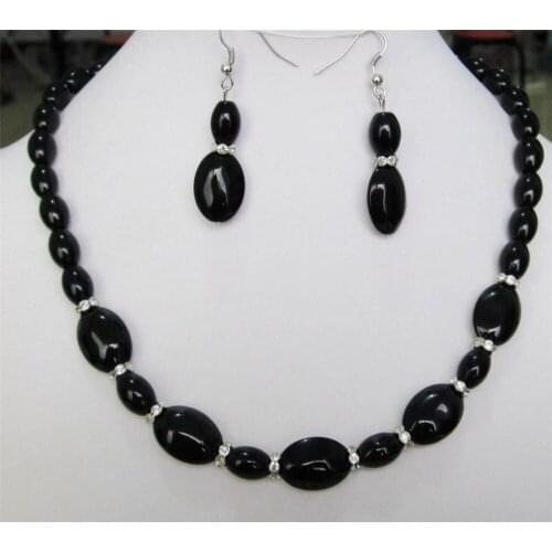 Hot sale Free Shipping>> Beautiful 8x12mm & 13x18mm Black stone Onyx Necklace 18" Earrings set
