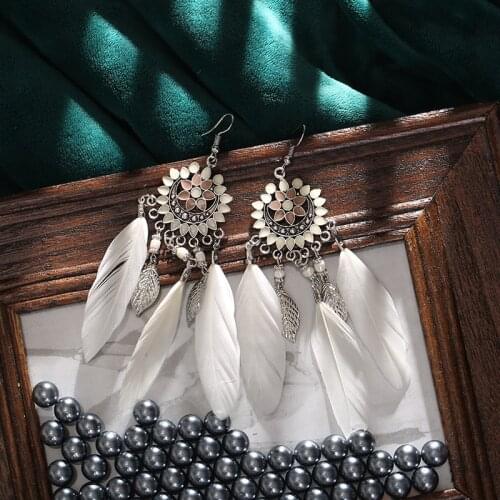 Creative Feather Earrings Bohemian Ethnic Sun Flower Tassel Feather Long Earrings Retro Ethnic Jewelry