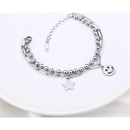 Fashion Casual Star Smiley Face Double Layer Silver Color Stainless Steel Beaded Chain Bracelet Women Party Gift Jewelry Femme