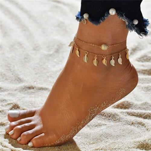 Modyle 2pc/set Gold Color Bohemia Summer Beach Leaves Anklet Foot Jewelry Handmade Ball Anklets for Woman
