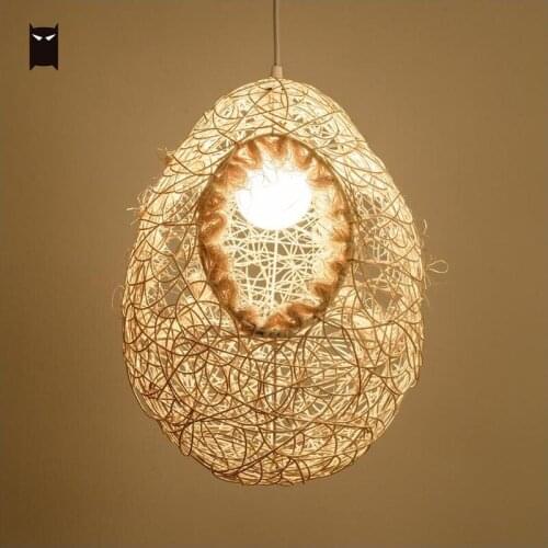 Wicker Rattan Egg Shade Pendant Light Fixture Nordic Scandinavian Rustic Ceiling Lamp Design for Dining Table Room Nursery Room