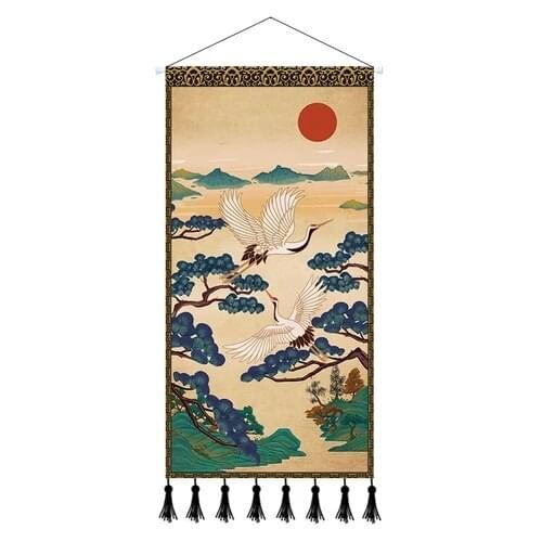 Japanese Style Home Office Poster Cranes Wall Art Canvas Painting Wooden Hanging Scroll Painting Decorative for Living Room Art