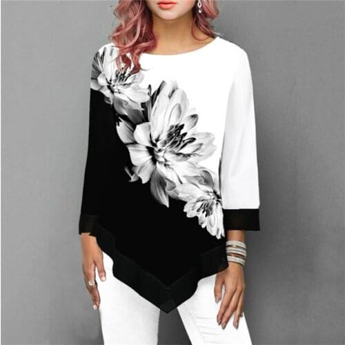 2021 New Fashion Women New Spring Shirts Floral Print Irregular Hem Blouse Women Clothing Casual 3/4 Sleeve Shirt Oversized