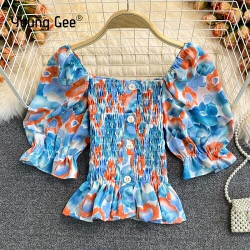 Young Gee Women Elegant Ruffle Blouse Vintage Shirts Floral Print Blouses Femme Summer Square Collar Short Sleeve Casual Tops