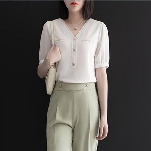 Beaded Chiffon Women White Shirts Summer New 2021 V-Neck Short-Sleeved Elegant Office Lady Outwear Tops