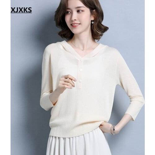 XJXKS 2021 summer autumn new women ultra-thin sweater fashion hooded three-quarter sleeve top women smock
