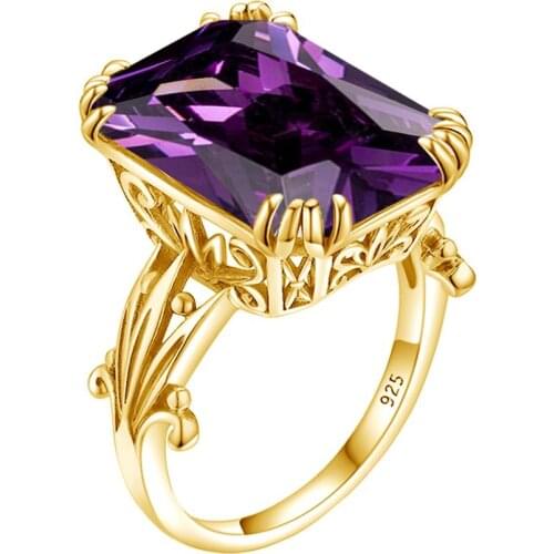 Simulated Natural Amethyst Ring For Women Gemstones 14K Gold Jewelry Shiny Wedding Rings Real 925 Sterling Silver Fine Jewelry