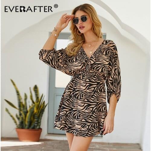 EVERAFTER Vintage leopard print summer dress sexy v-neck High waist backless lady spring chic casual ladies party mini dresses