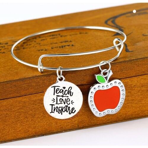 12PC/Lot Chic Arrow Teach Love Inspire Red Apple Charms Bangle Women Men Teachers Bracelet Teacher Jewelry Inspirational Gifts
